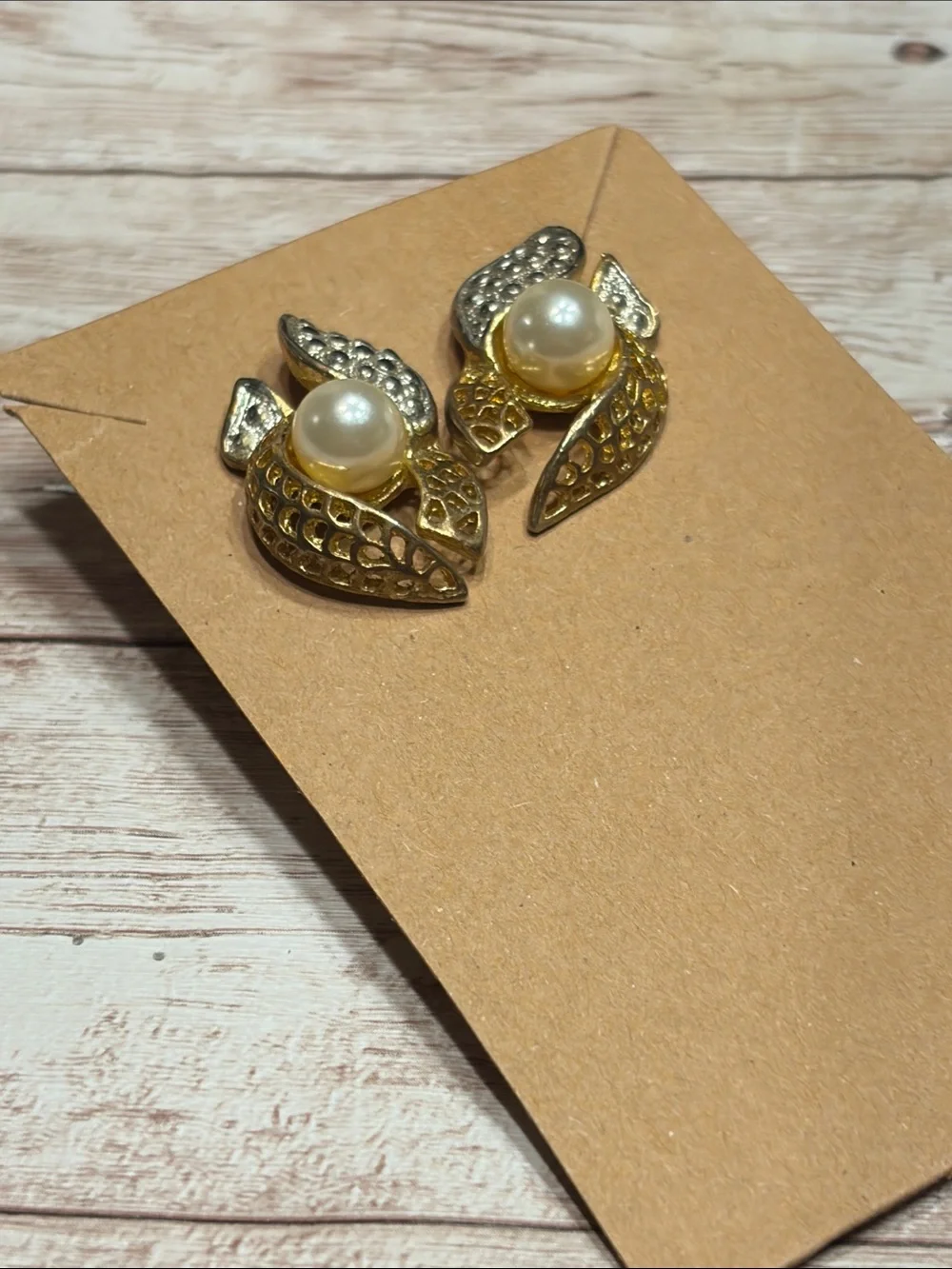 Vintage Monet Two Tone Pearl Leaf Stud Earrings